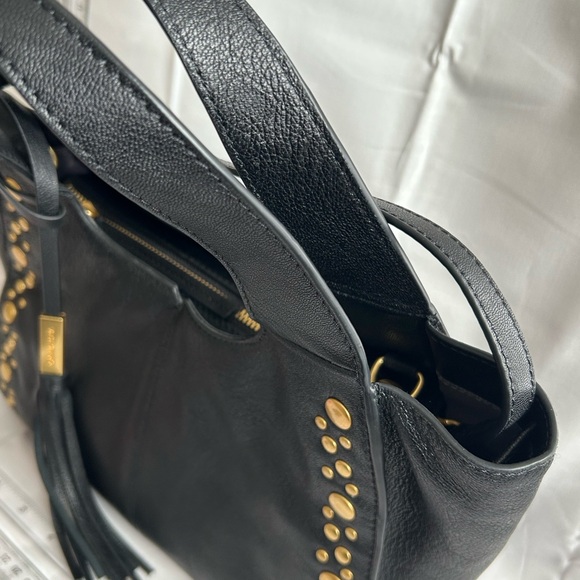 Vince Camuto Black Pebbled Leather Studded Shoulder Bag with Tassel - Picture 7 of 16